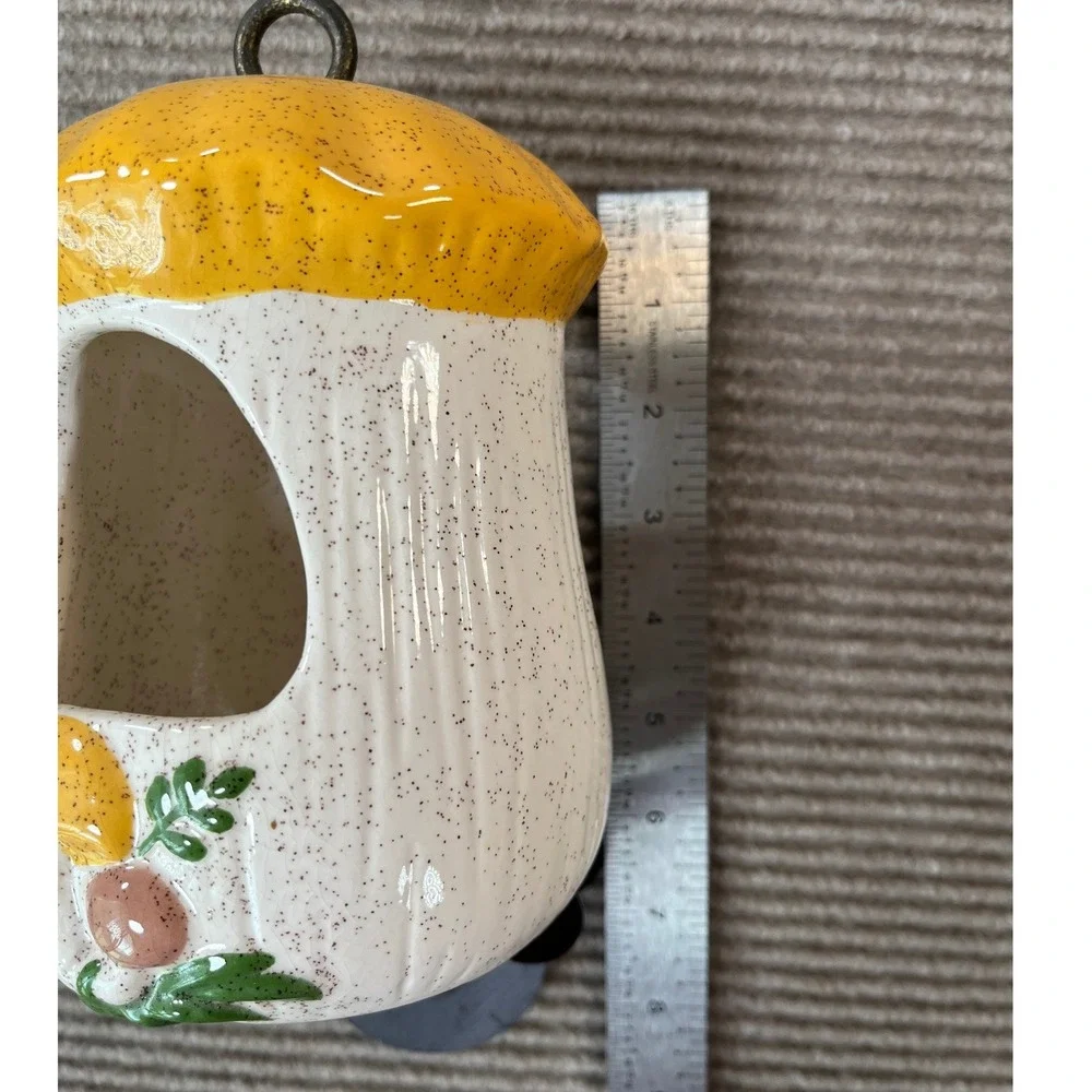 Ceramic Mushroom Birdhouse Hanging Planter Yellow Speckled Cottagecore Retro